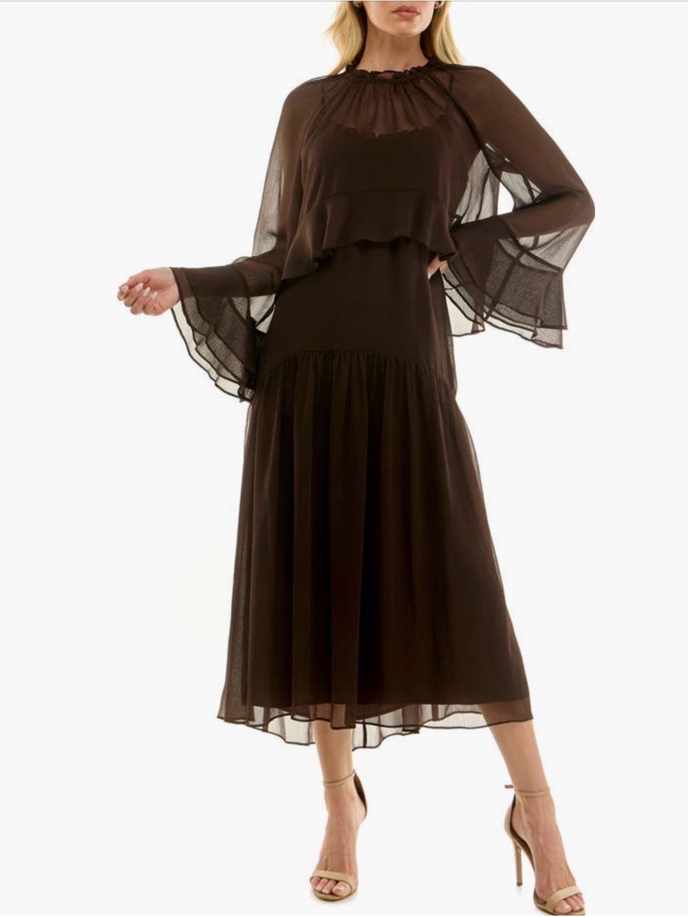 Socialite NWT Brown Chiffon Midi Dress & Sheer Bell Sleeve Overlay Set Size Med